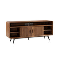 Mid-Century Modern Wooden TV Stand with Ribbed Doors and Open Shelves